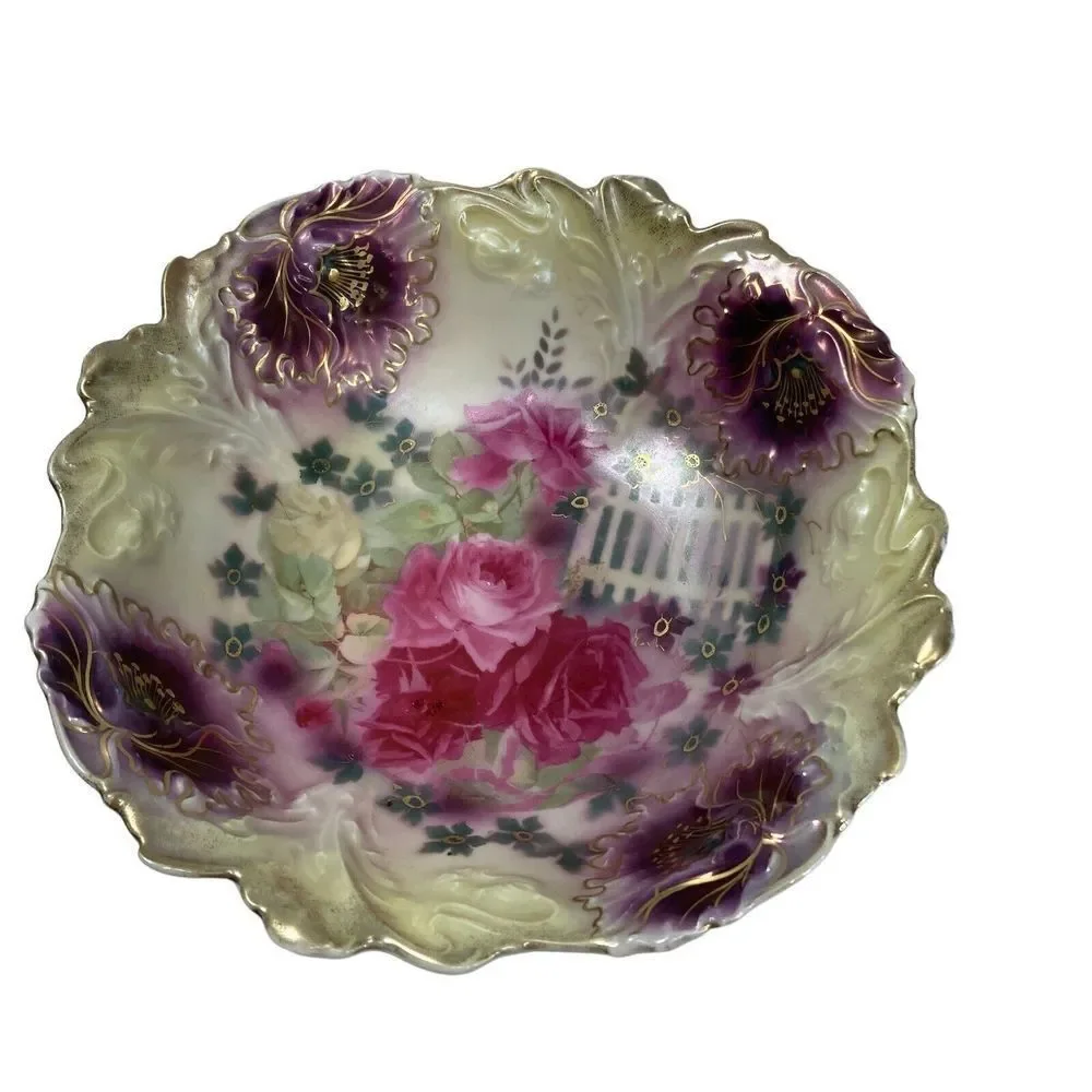 Antique‎ 10.5” Bowl A F S P Roses Scalloped Center Bowl Gold Pink Green Purple